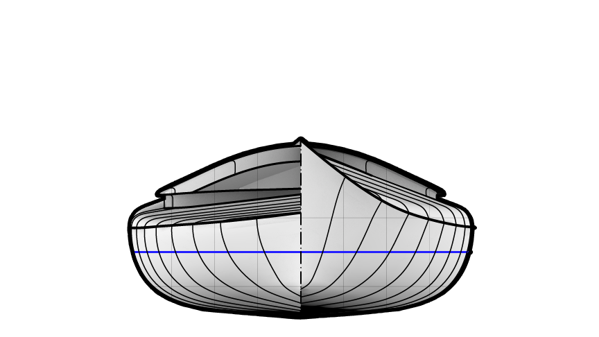 High Capacity Great Auk Kayak for Large Paddles End View Drawing