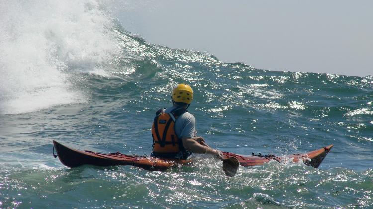 Petrel Strip Built Sea Kayak in Big Waves